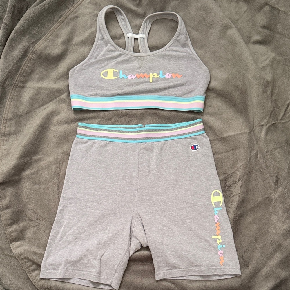 Champion Gray Pastel-Trim Women's Bike Shorts and Sports Bra Set